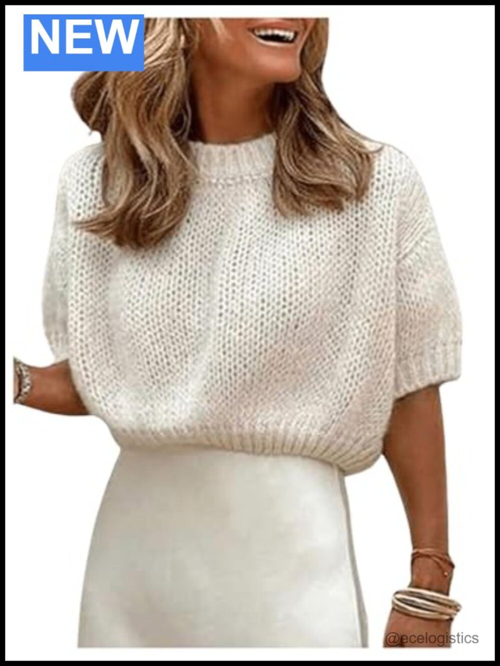 Puff Short Sleeve Crop Sweater Pullover Lightweight Knit Crew Neck